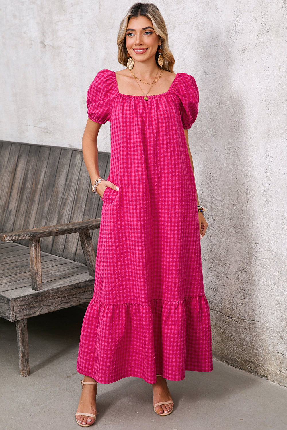 Rose Plaid Square Neck Puff Sleeve Maxi Dress