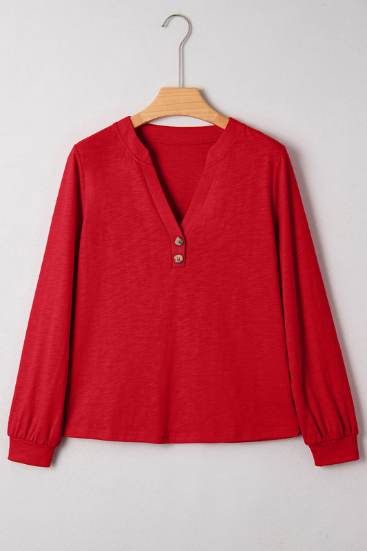 Racing Red Casual Button V Neck Long Sleeve Top