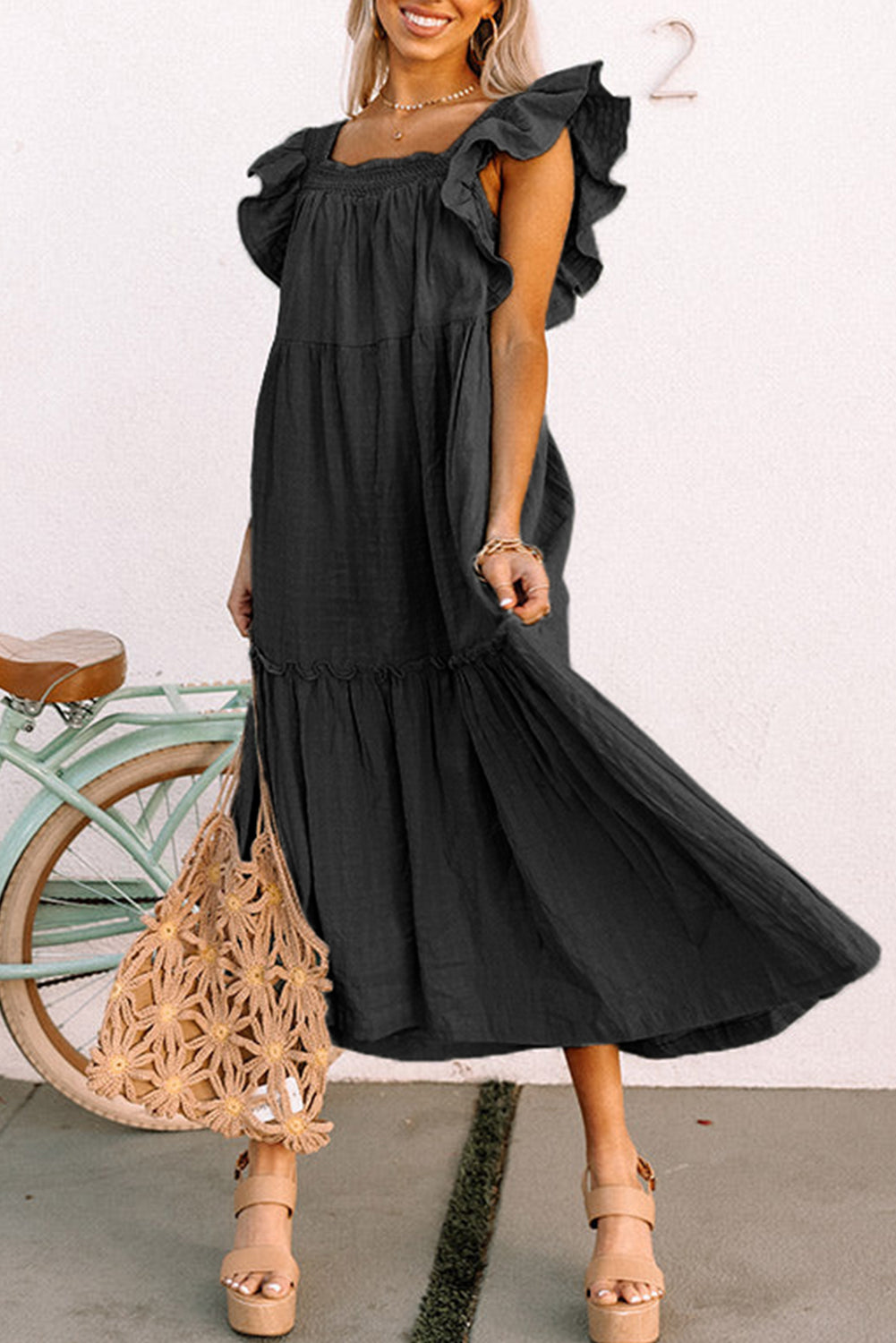 Purple Ruffled Flutter Sleeve Square Neck Textured Tiered Maxi Dress
