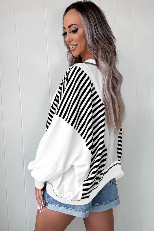 White Striped Colorblock Patchwork Oversized Sweatshirt