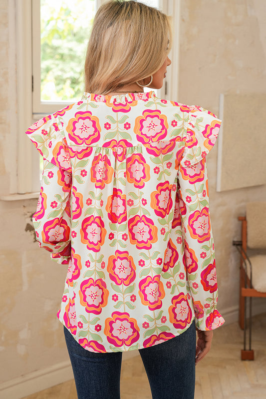 Rose Floral V Neck Ricrac Trim Ruffle Long Sleeve Blouse