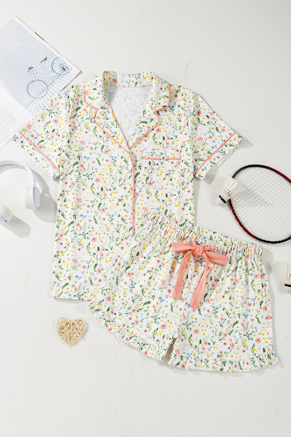 Beige Floral Print Ruffle Hem Shorts Pajama Set