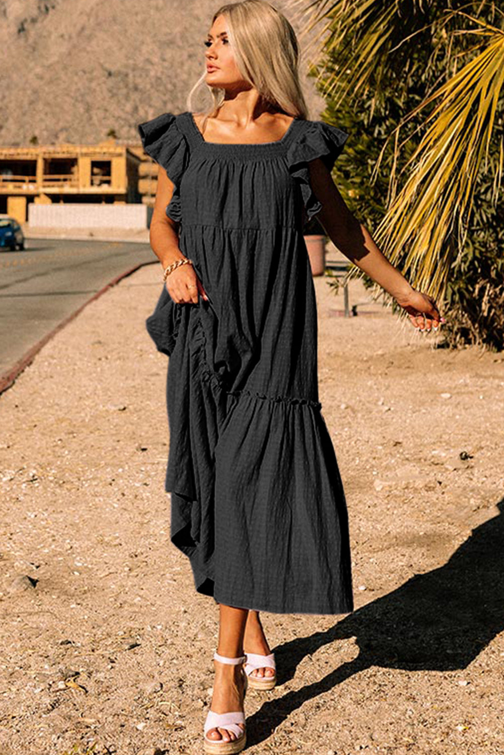 Purple Ruffled Flutter Sleeve Square Neck Textured Tiered Maxi Dress