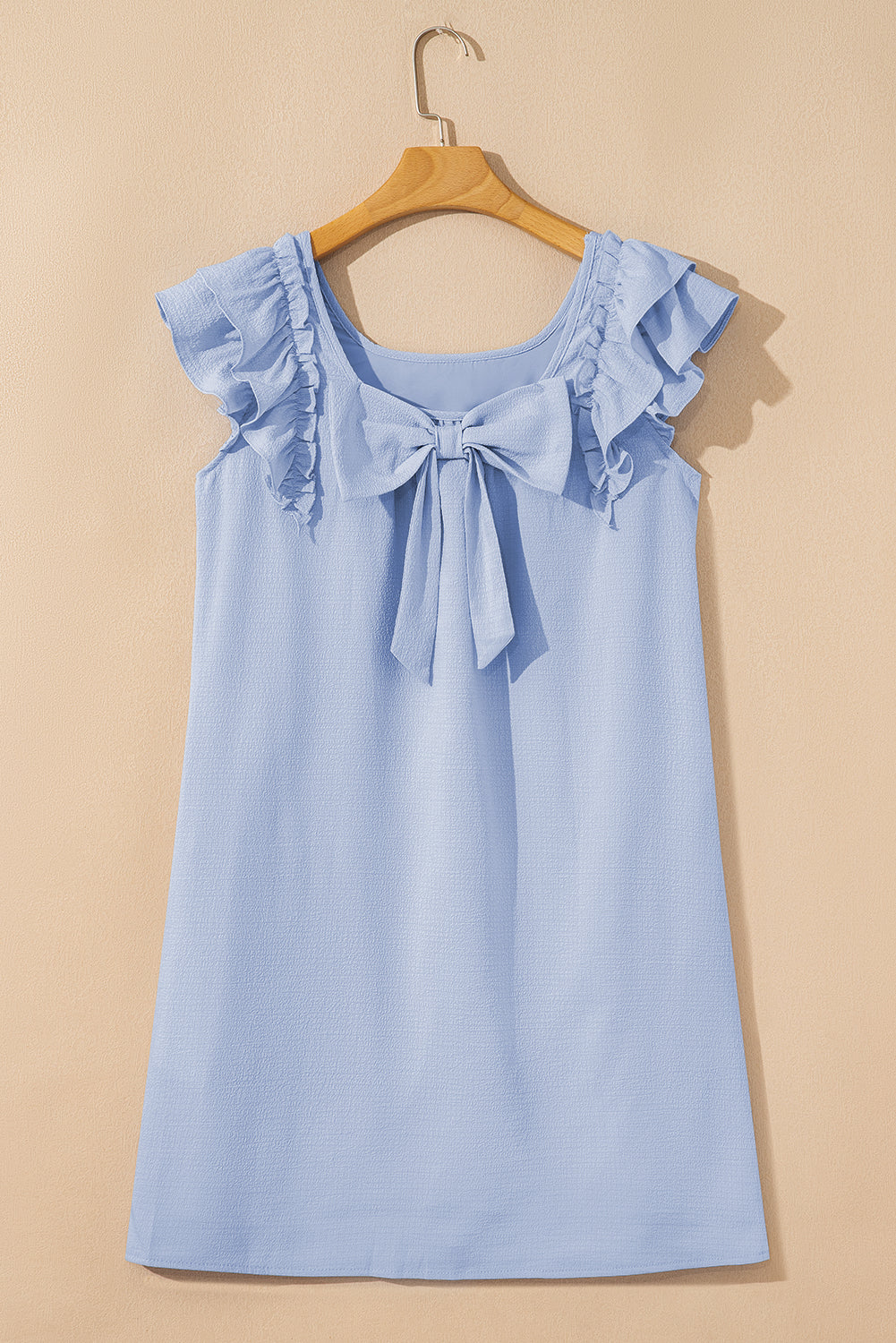 Light Pink Textured Flutter Sleeve Square Neck Bow Back Mini Dress