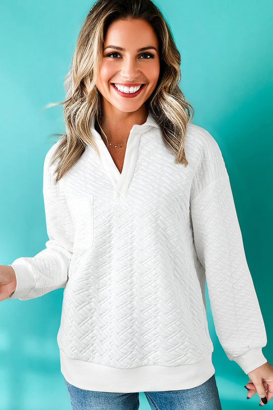 White Textured Pocketed Collared V Neck Pullover Sweatshirt