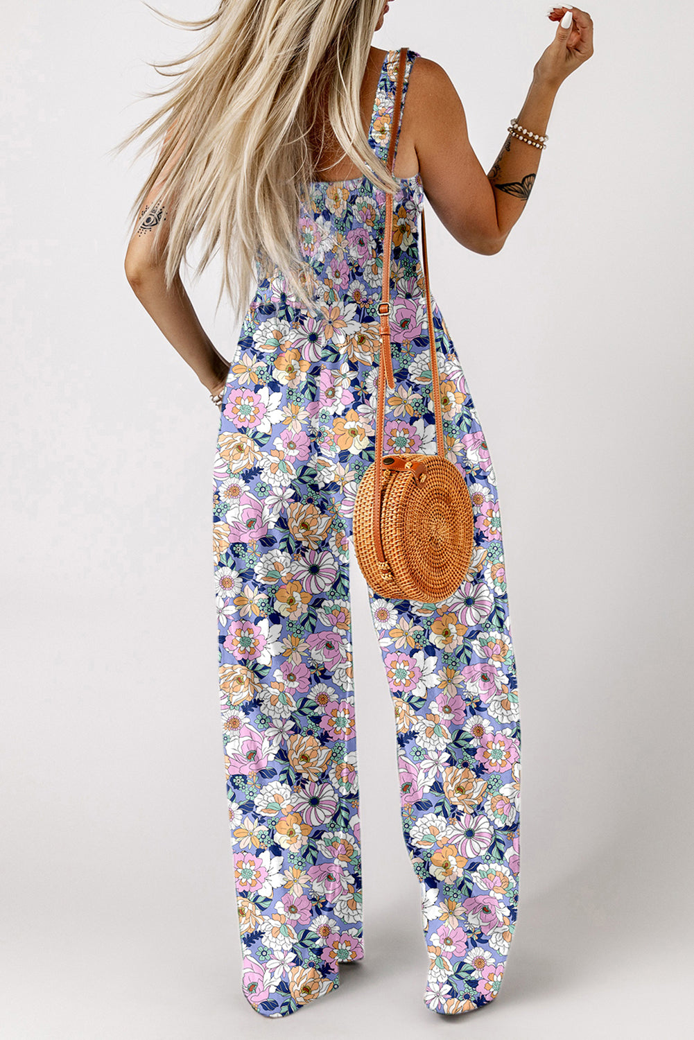 Black Floral Square Neckline Stretch High Waist Jumpsuit