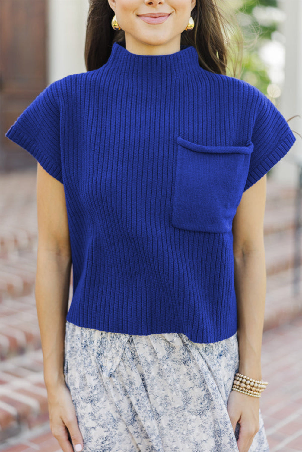 Green Patch Pocket Ribbed Knit Short Sleeve Sweater