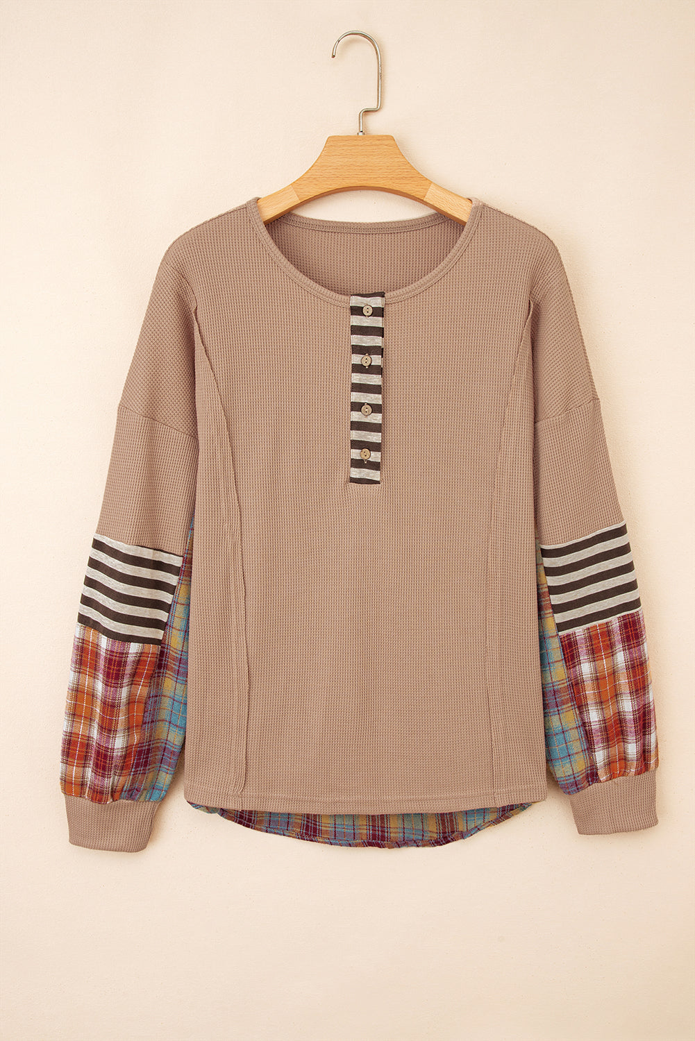 Beige Waffle Stripe Plaid Patchwork Henley Top