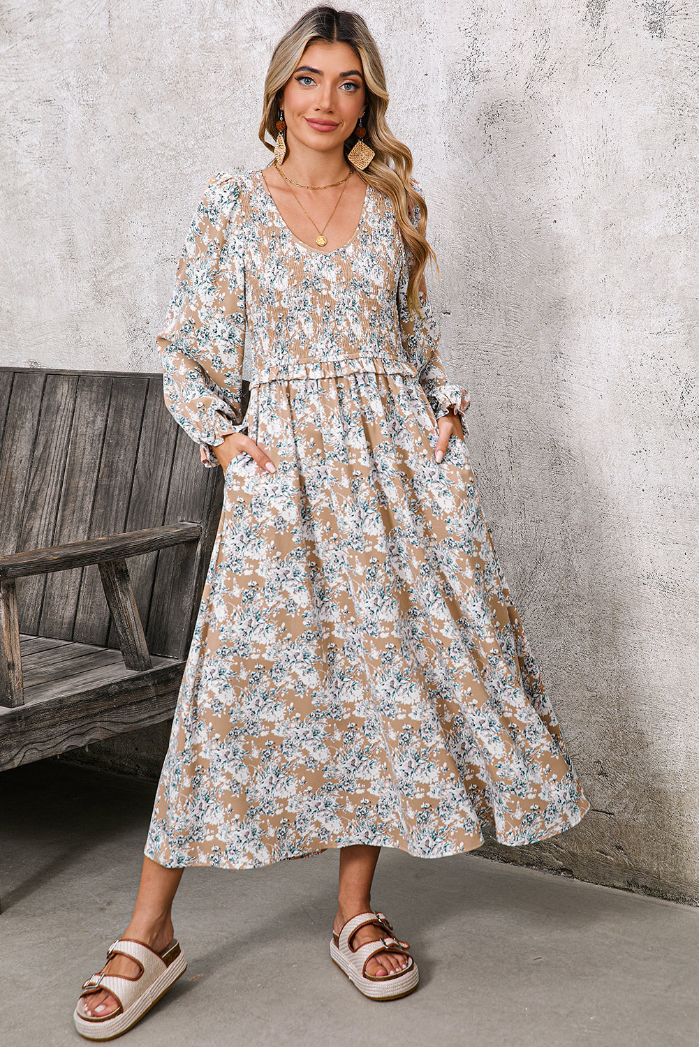 Khaki Floral Smocked Puff Sleeve Maxi Dress