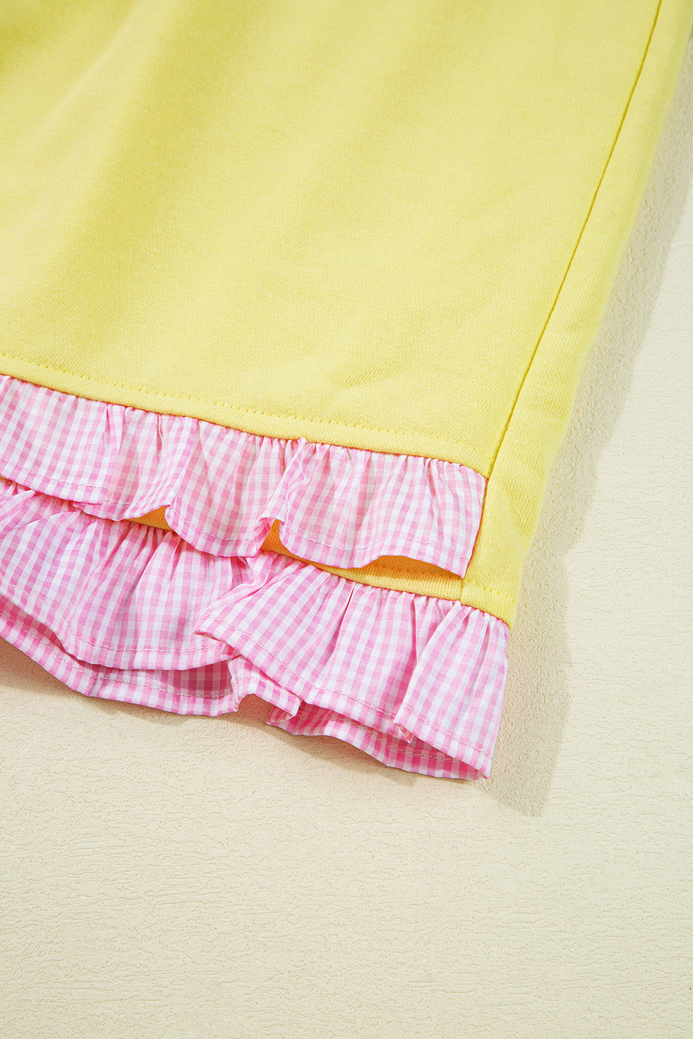 Yellow Ruffle Striped Hem Patchwork Pullover Top and Shorts Plus Size Set