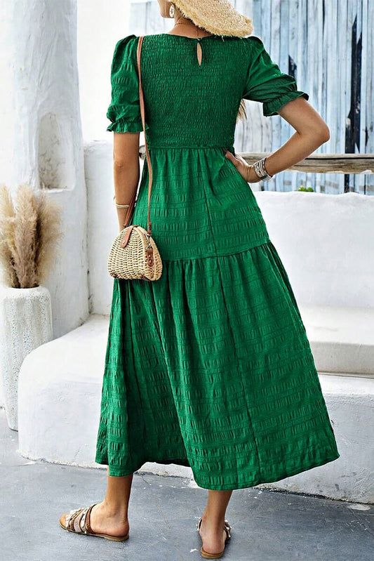 Dark Green Solid Textured Shirred High Waist Midi Dress