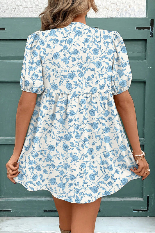Sky Blue Floral Bow Front Puff Sleeve Mini Dress