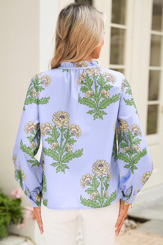 Sky Blue Floral Print V Neck Bubble Sleeve Blouse