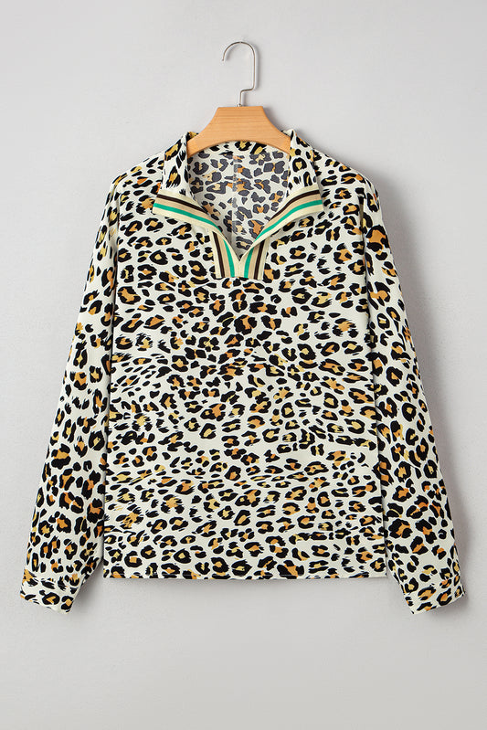 Khaki Leopard Print Long Sleeve Striped V Neck Top