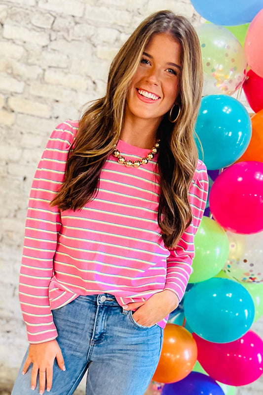 Rose Striped Textured Knit Puff Sleeve Round Neck Top
