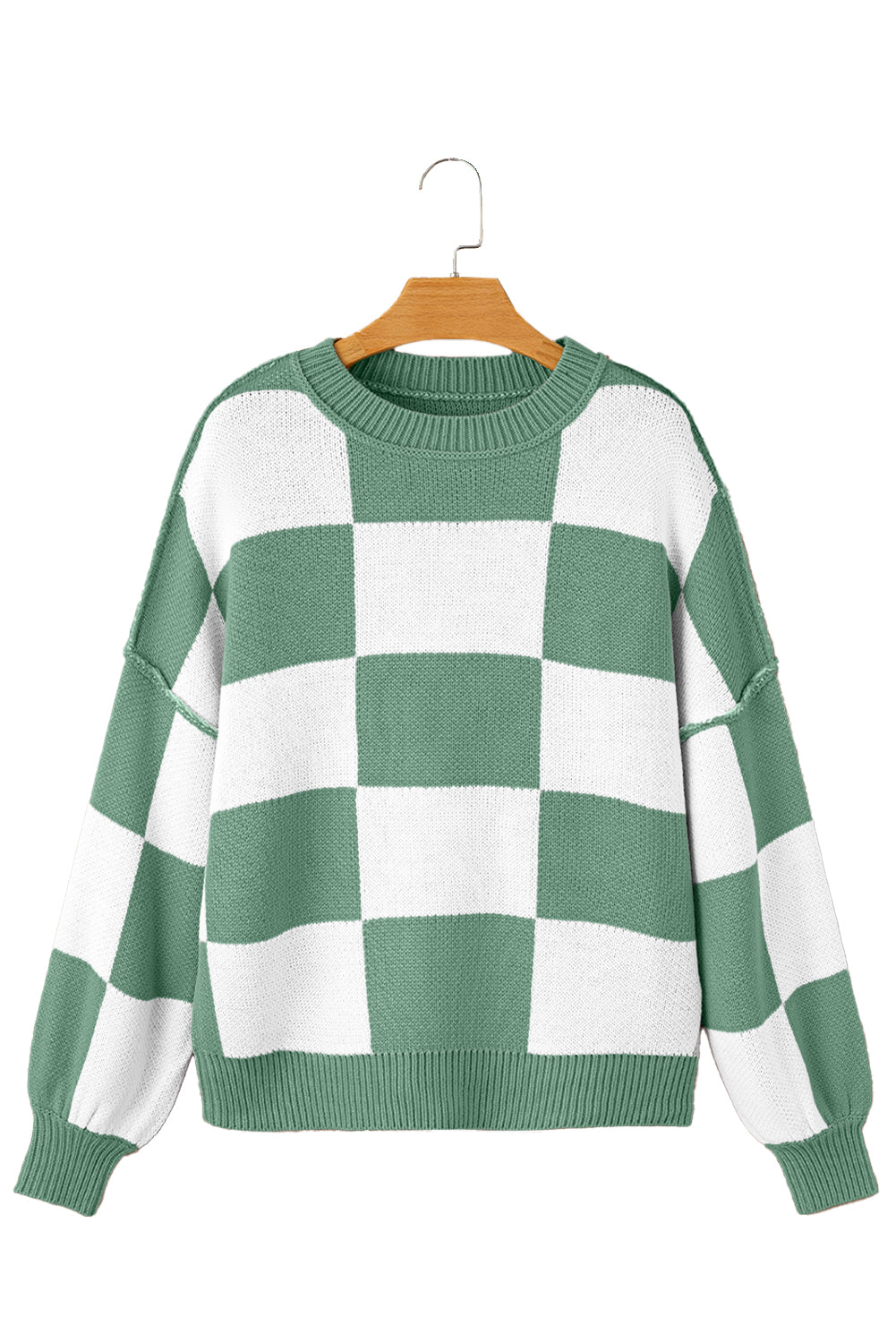 Pink Checked Bishop Sleeve Pullover Sweater