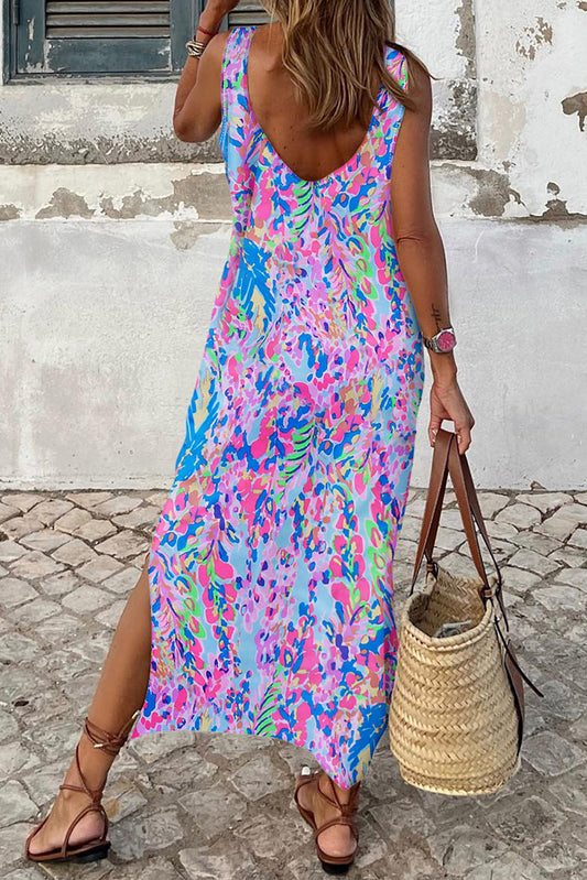 Purple Abstract Print Side Splits Round Neck Sleeveless Maxi Dress