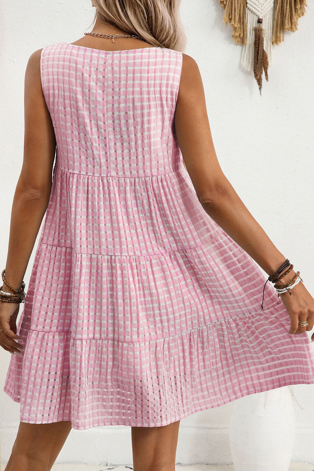 Light Blue Gingham High Waist Sleeveless Mini Dress