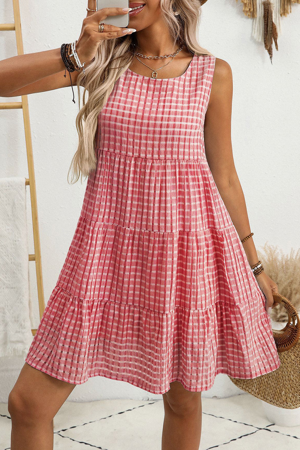 Light Blue Gingham High Waist Sleeveless Mini Dress