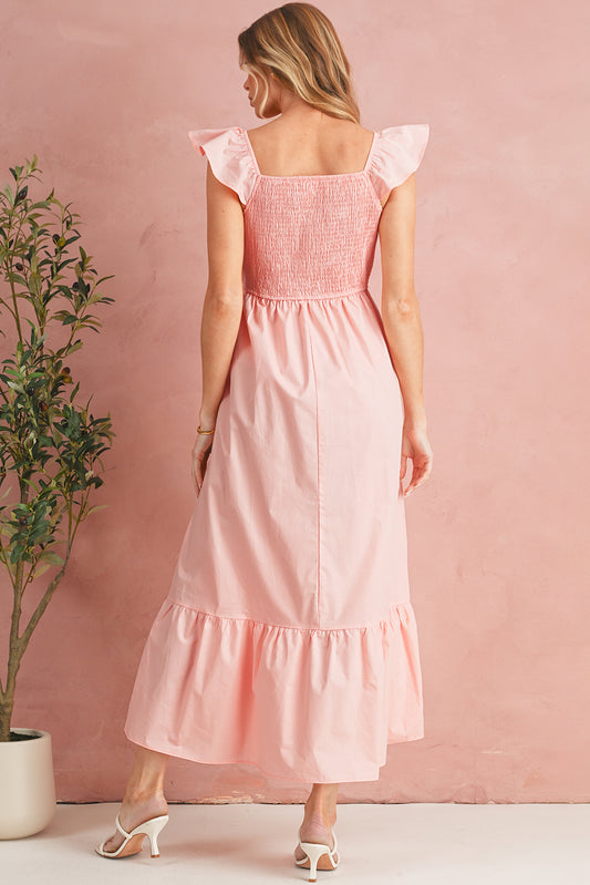 Apricot Pink V Neck Flutter Sleeve Smocked Bodice High Waist Ruffle Maxi Dress