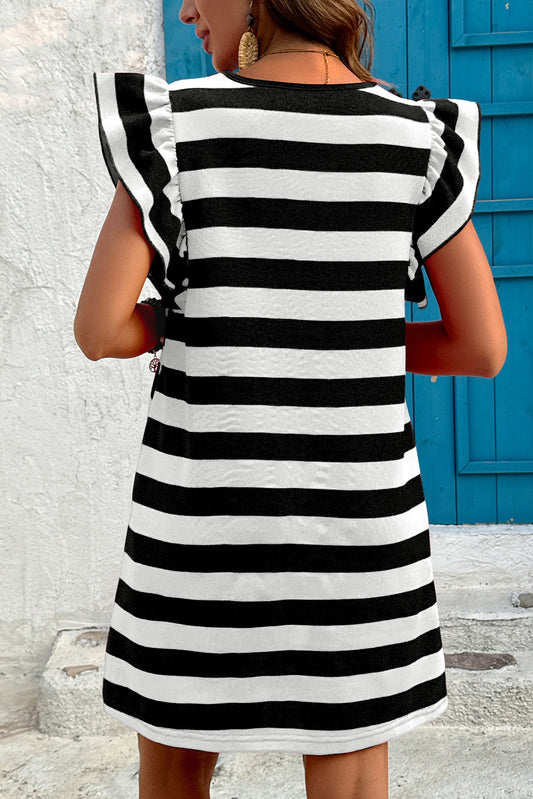 Black Stripe Flutter Sleeve Round Neck Shift Mini Dress