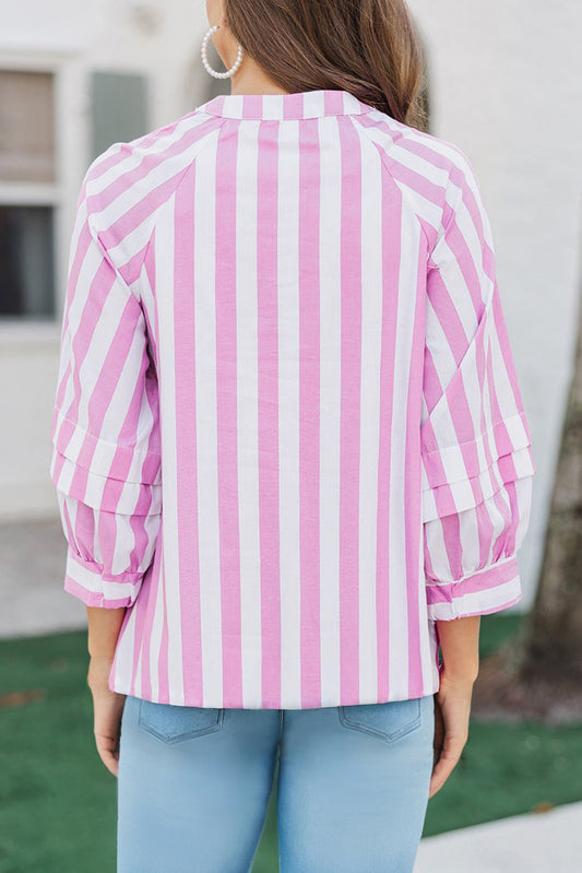 Rose Striped Button V Neck Raglan Sleeve Blouse