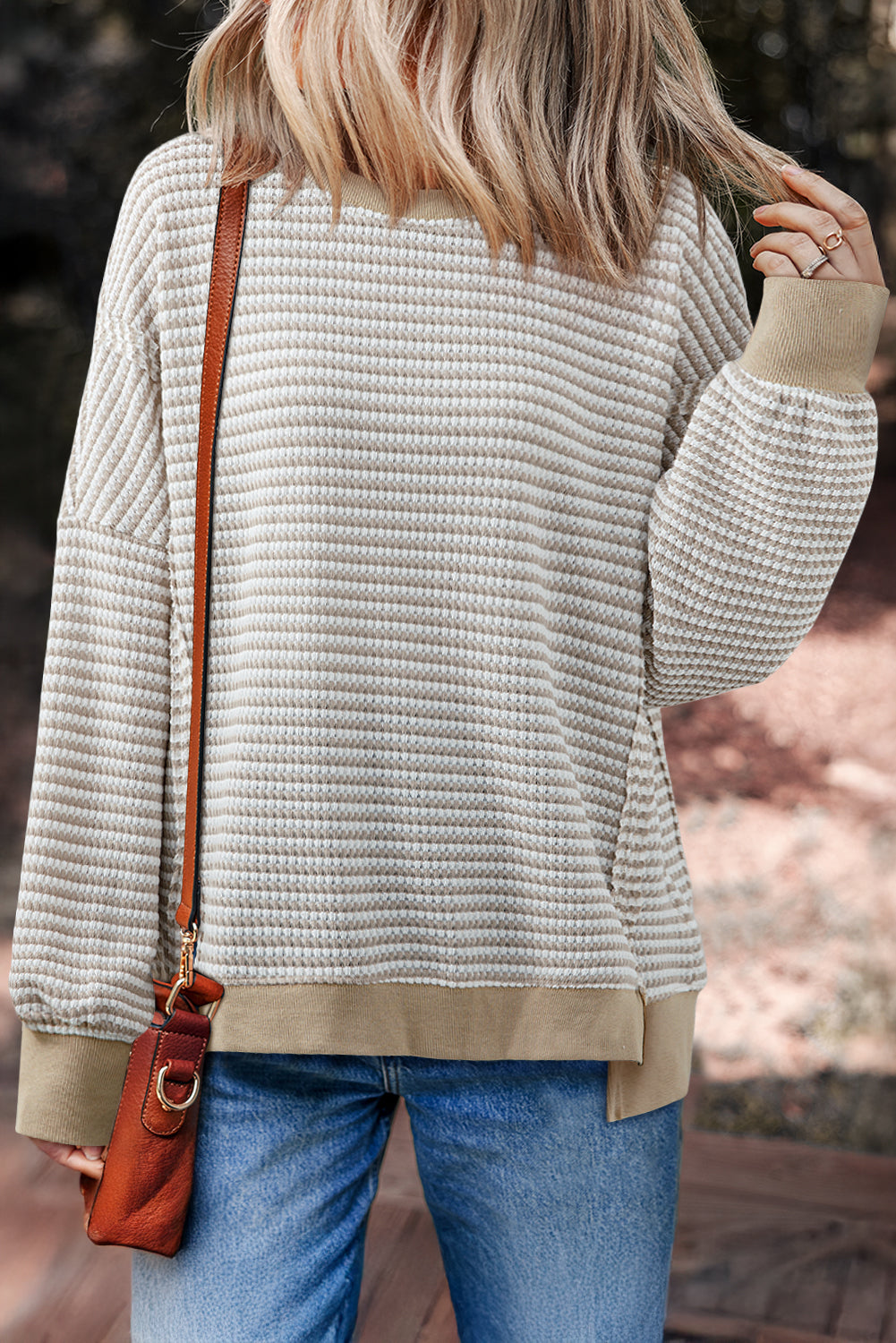 Red Stripe Ribbed Trim Drop Shoulder Long Sleeve Oversized Top