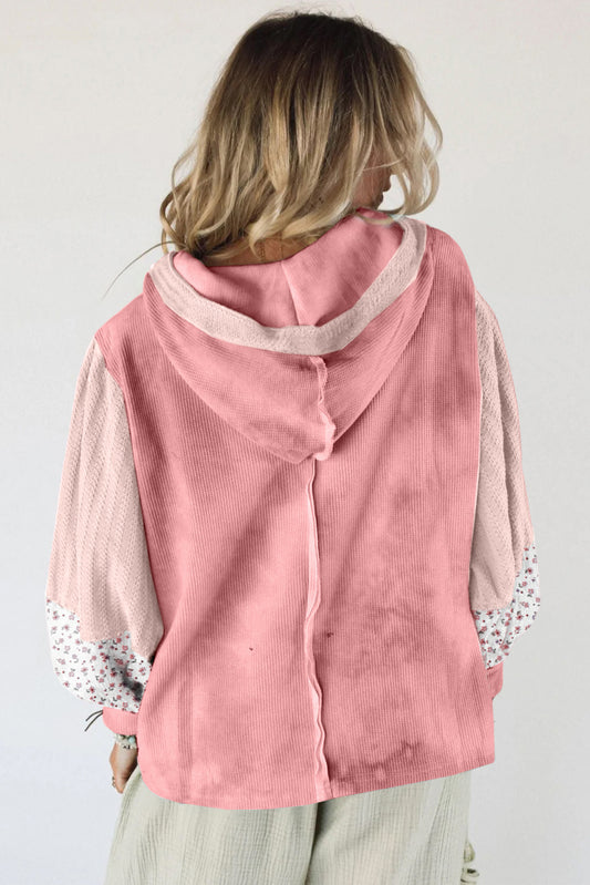 Pink Tie-dye Floral Textured Colorblock Patchwork Lantern Sleeve Hooded Top
