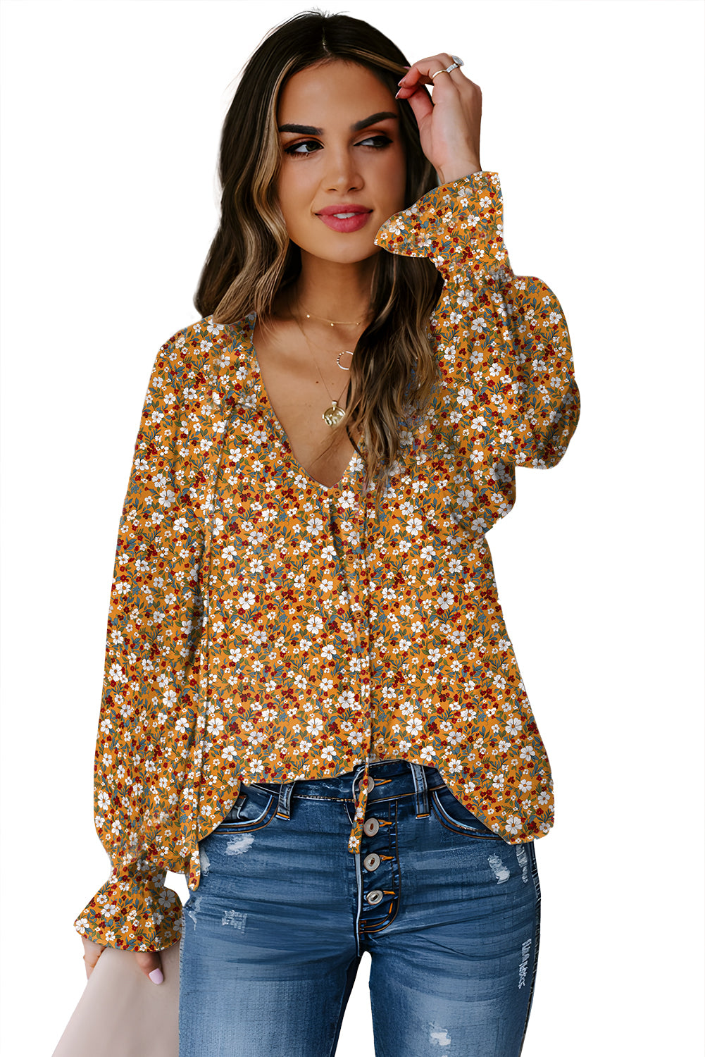 Orange Boho Floral Ruffled Bubble Sleeve V Neck Fall Blouse