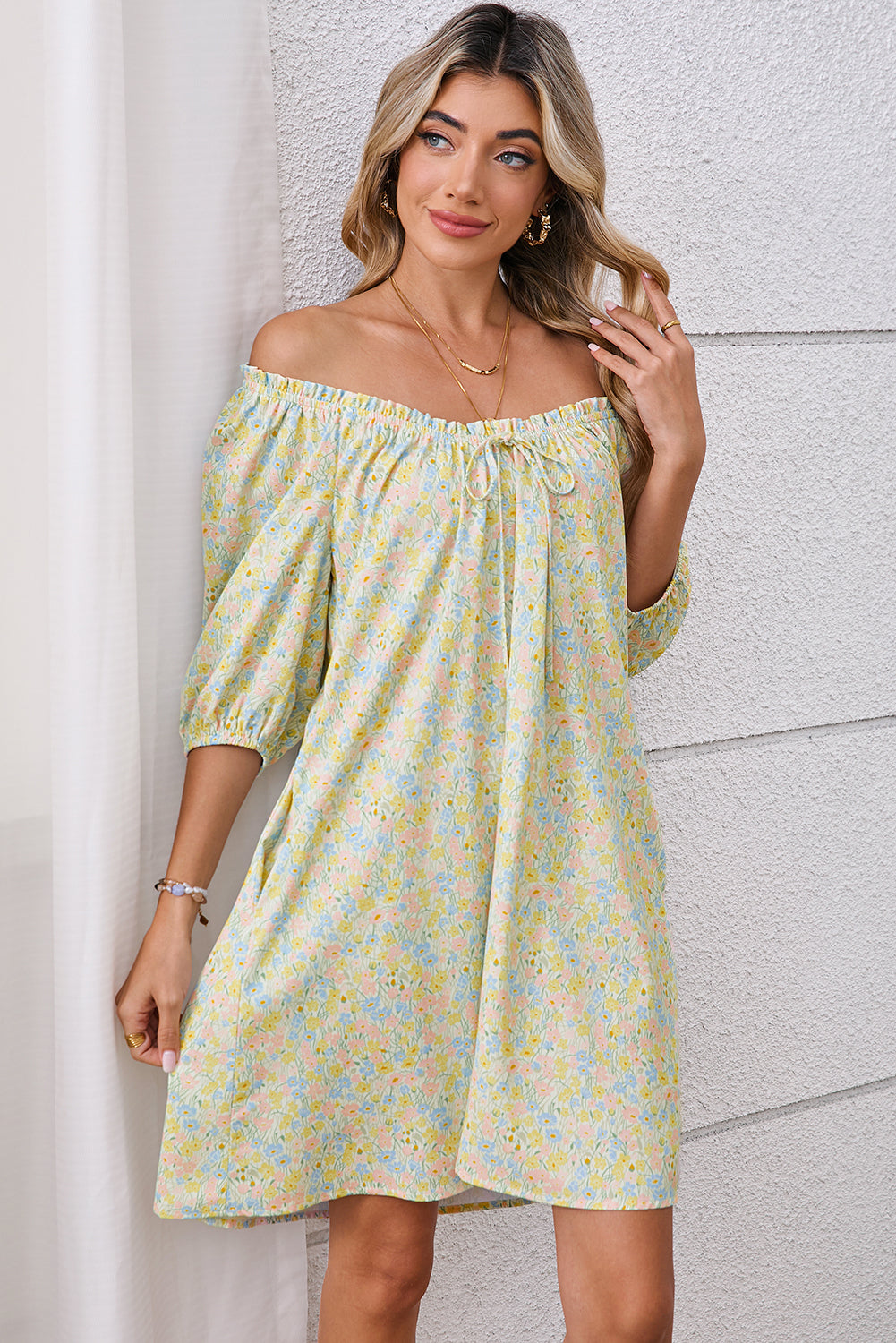 Green Floral Print Tie Neck Puff Sleeve Mini Dress