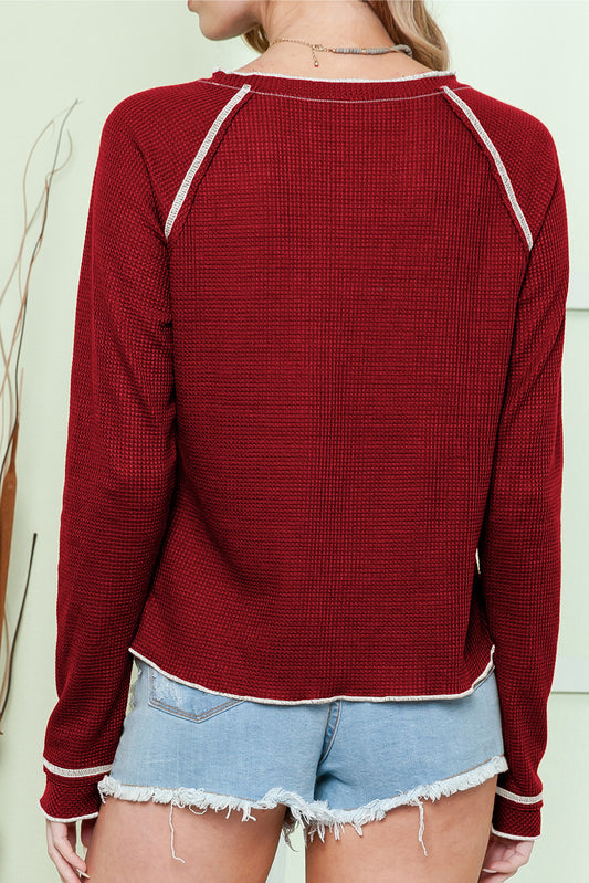 Red Exposed Seam Textured Pullover Long Sleeve Top