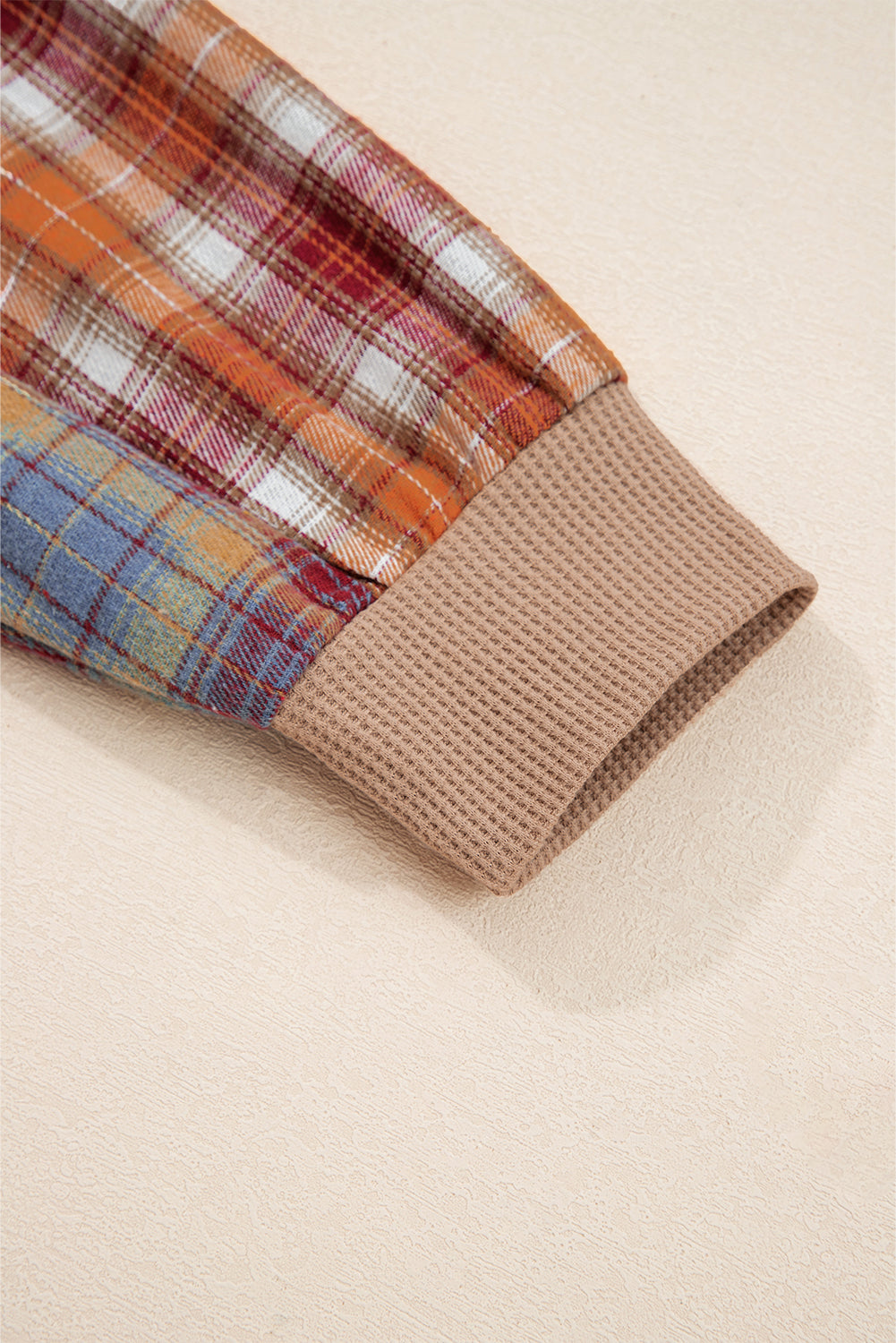 Beige Waffle Stripe Plaid Patchwork Henley Top