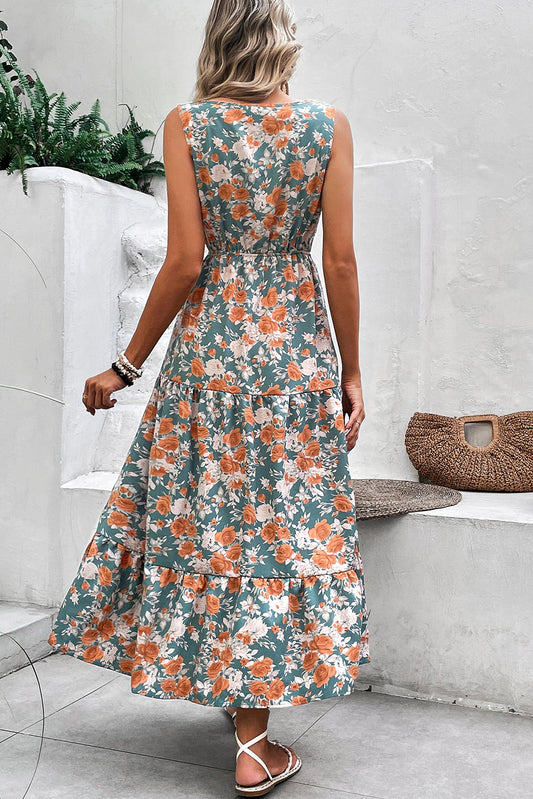 Green Floral Print Trimmed V Neck Sleeveless Vacation Dress