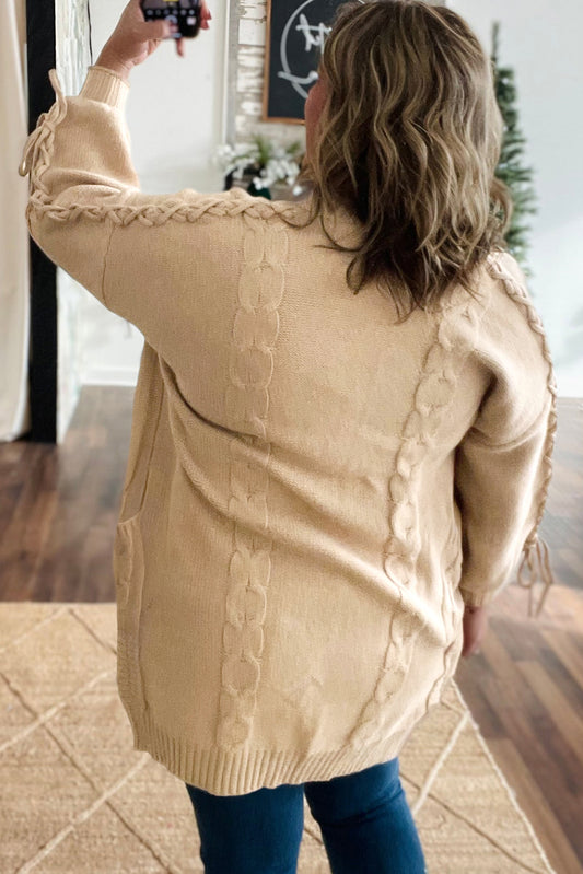 Parchment Cable Knit Braided Tie Sleeve Plus Size Knit Cardigan