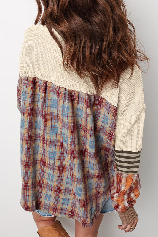 Beige Waffle Stripe Plaid Patchwork Henley Top