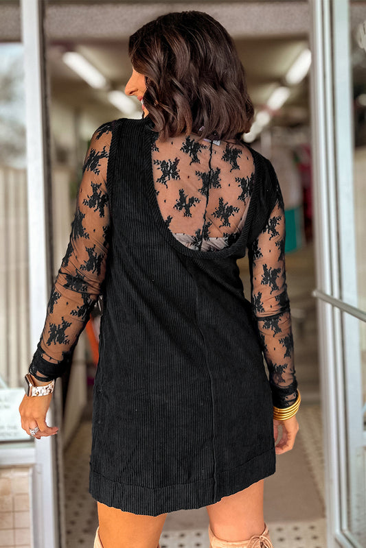 Black Corduroy Exposed Seam Sleeveless Mini Dress