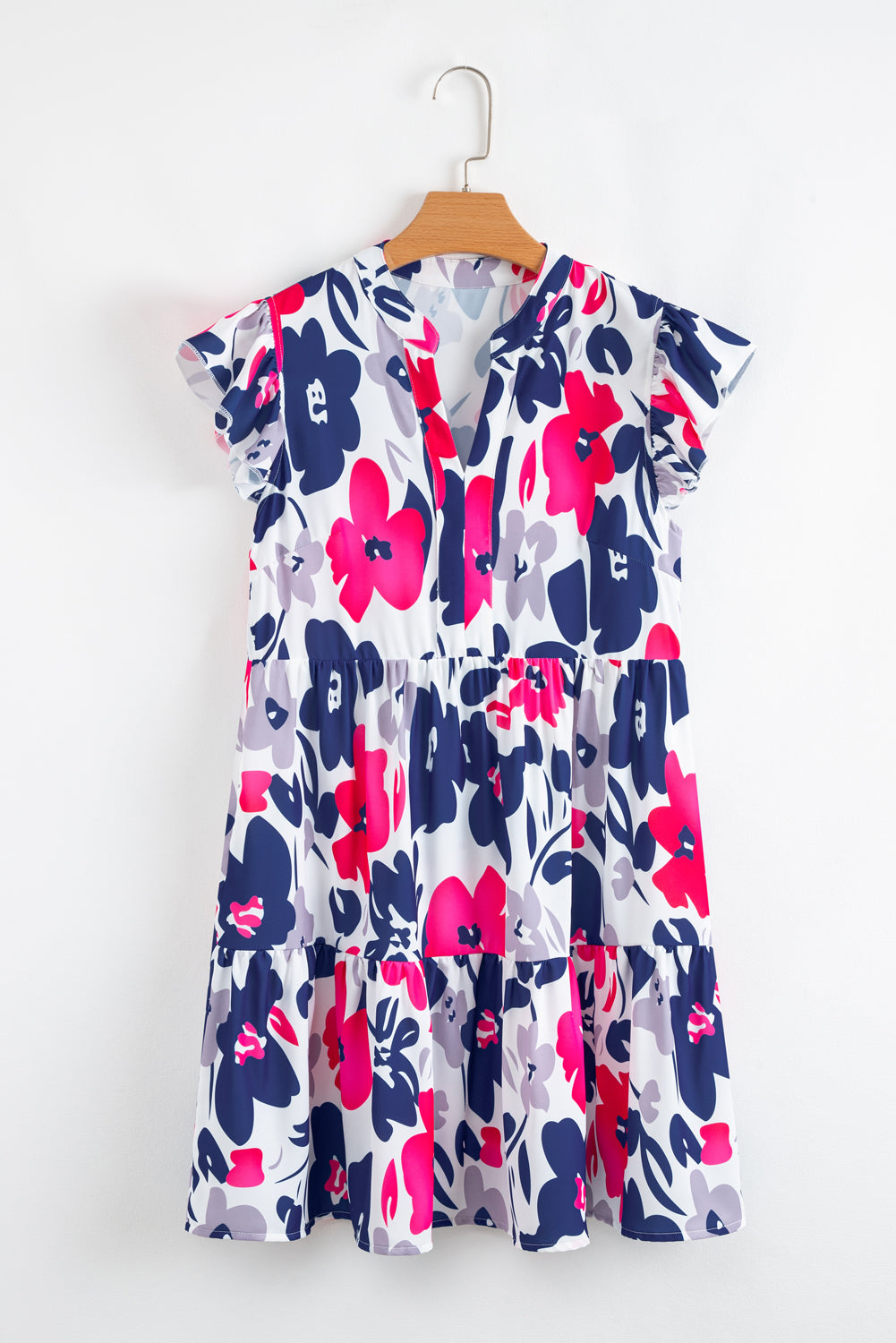 Orange Floral Print Notched Neck Flutter Sleeve Mini Dress