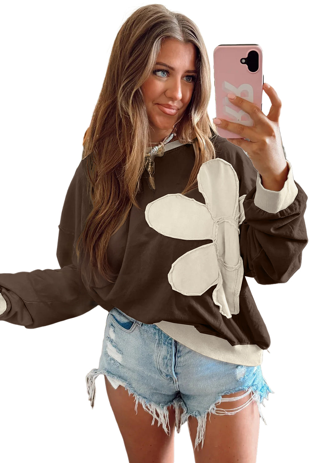 Smoke Green Raw Edge Flower Patch Drop Shoulder Long Sleeve Top