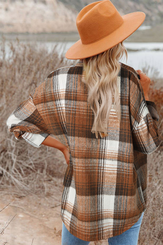 Gold Flame & Grey Plaid Button Up Collared Flannel Jacket