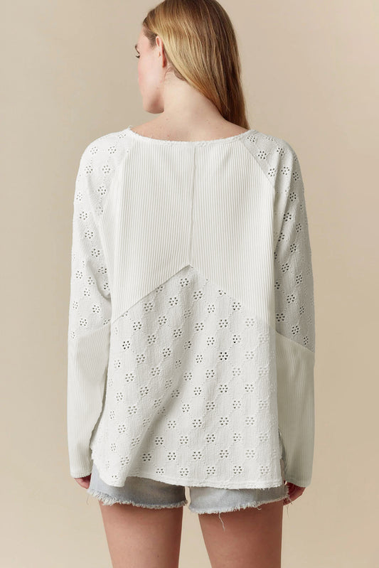White Twisted Rib Patchwork Floral Embroidered Loose Long Sleeve Top