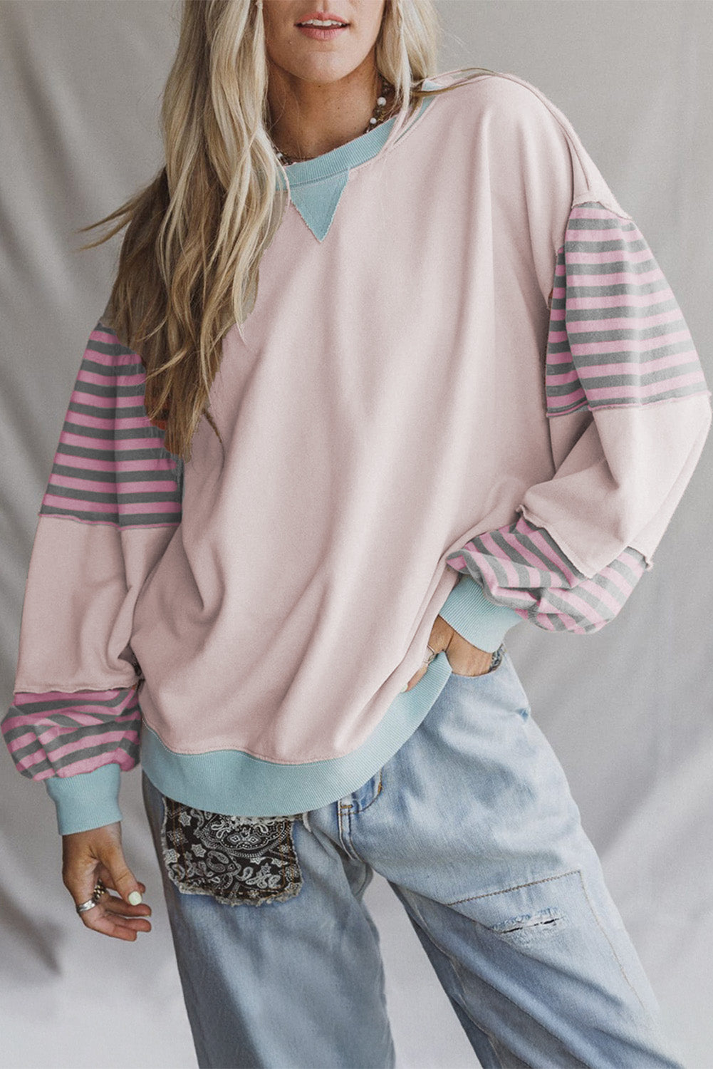 Parchment Colorblock Patchwork Striped Sleeve Sweatshirt