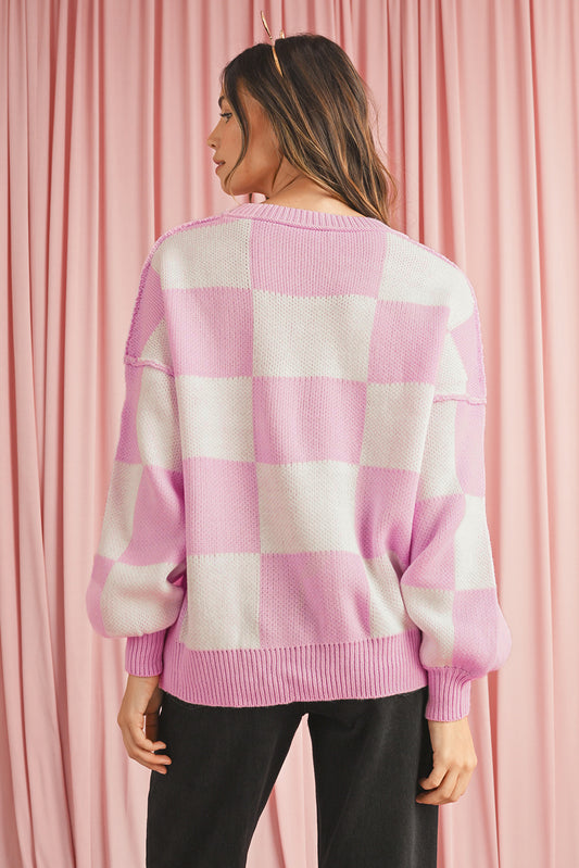 Pink Checked Bishop Sleeve Pullover Sweater