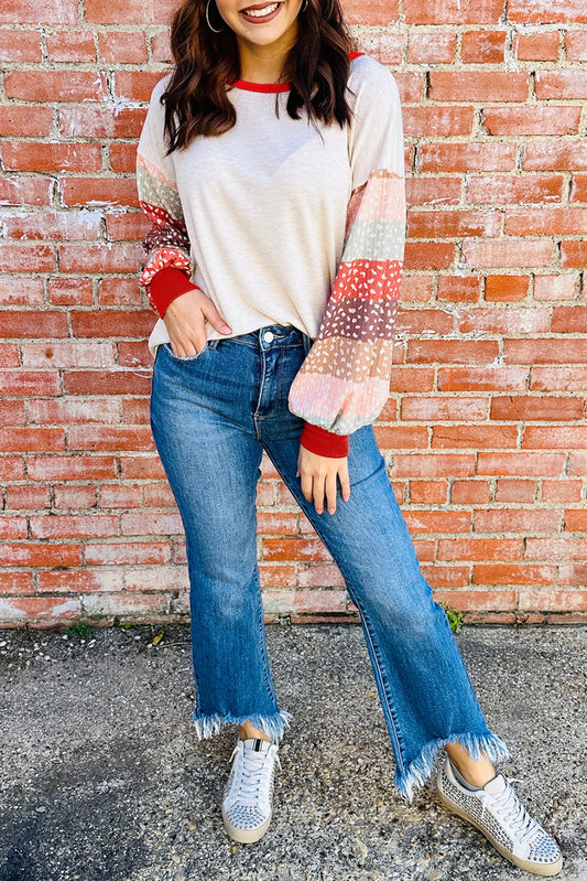 Contrast Leopard Color Block Sleeve Loose Pullover