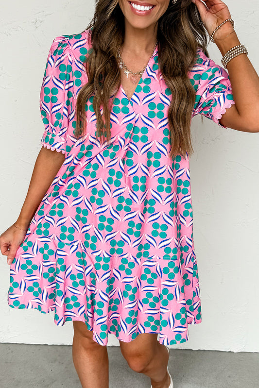 Pink Geometric Print V-Neck Ricrac Trim Mini Dress