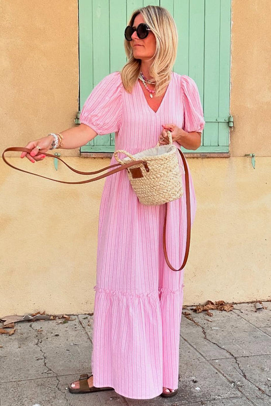 Pink Striped V Neck Puff Sleeve Frill Tiered Maxi Dress