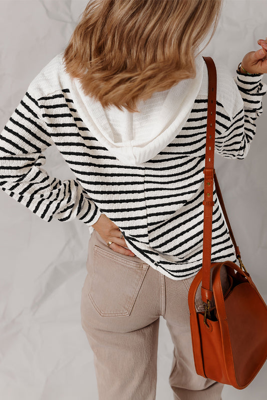 Black Stripe Textured Hooded Long Sleeve Top