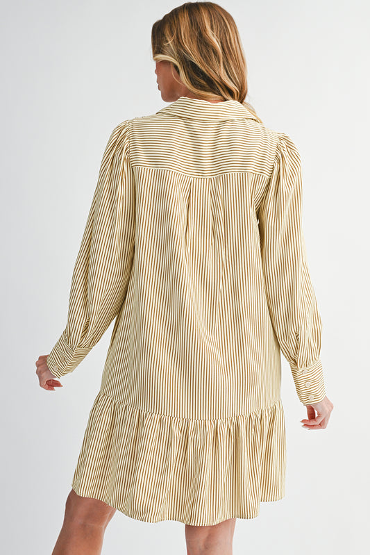 Brown Striped Shirt Collar Ruffle Hem Long Sleeve Dress