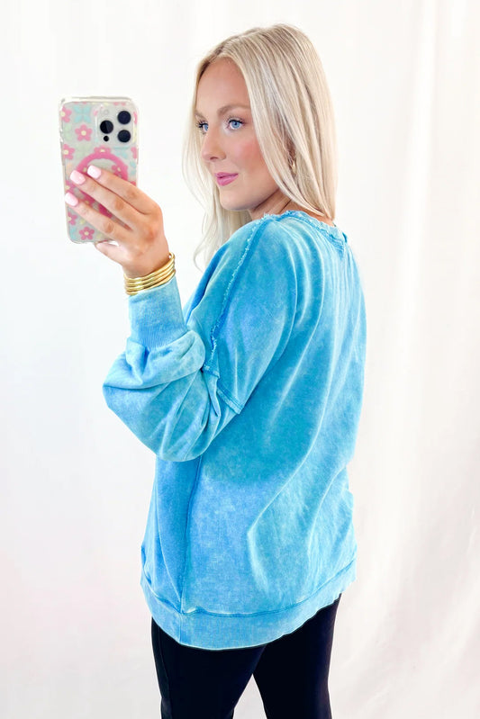Blue Acid Washed Pocket Pullover Sweatshirt