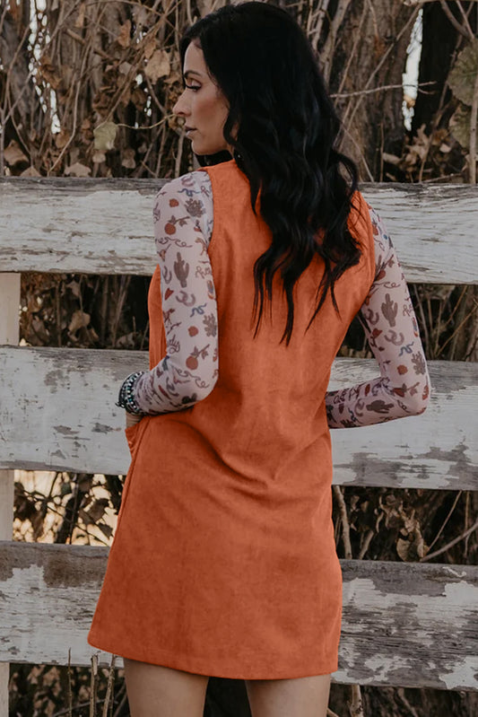 Gold Flame Corduroy Embroidered Patch Pocket Sleeveless Mini Dress