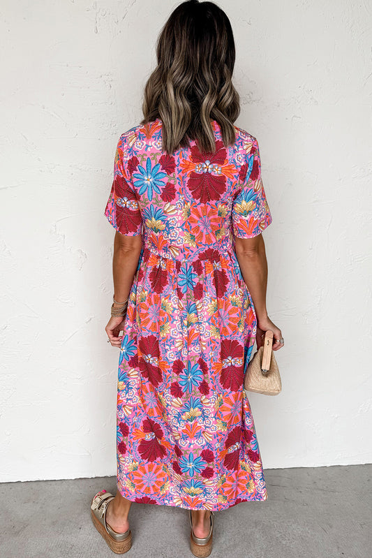Rose Floral Print Tie Front High Waist Loose Midi Dress